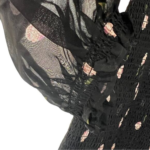 Intermix Elara 100% Silk Black Floral Smocked Mini Dress Size 2 - Picture 7 of 16